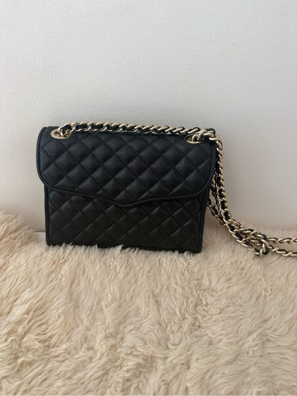 Rebecca Minkoff Black Quilted Chain Shoulder Bag with Gold Hardware
